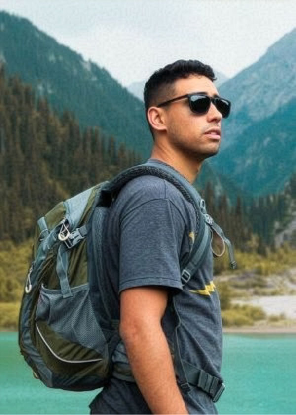 A young student with a backpack near a lake